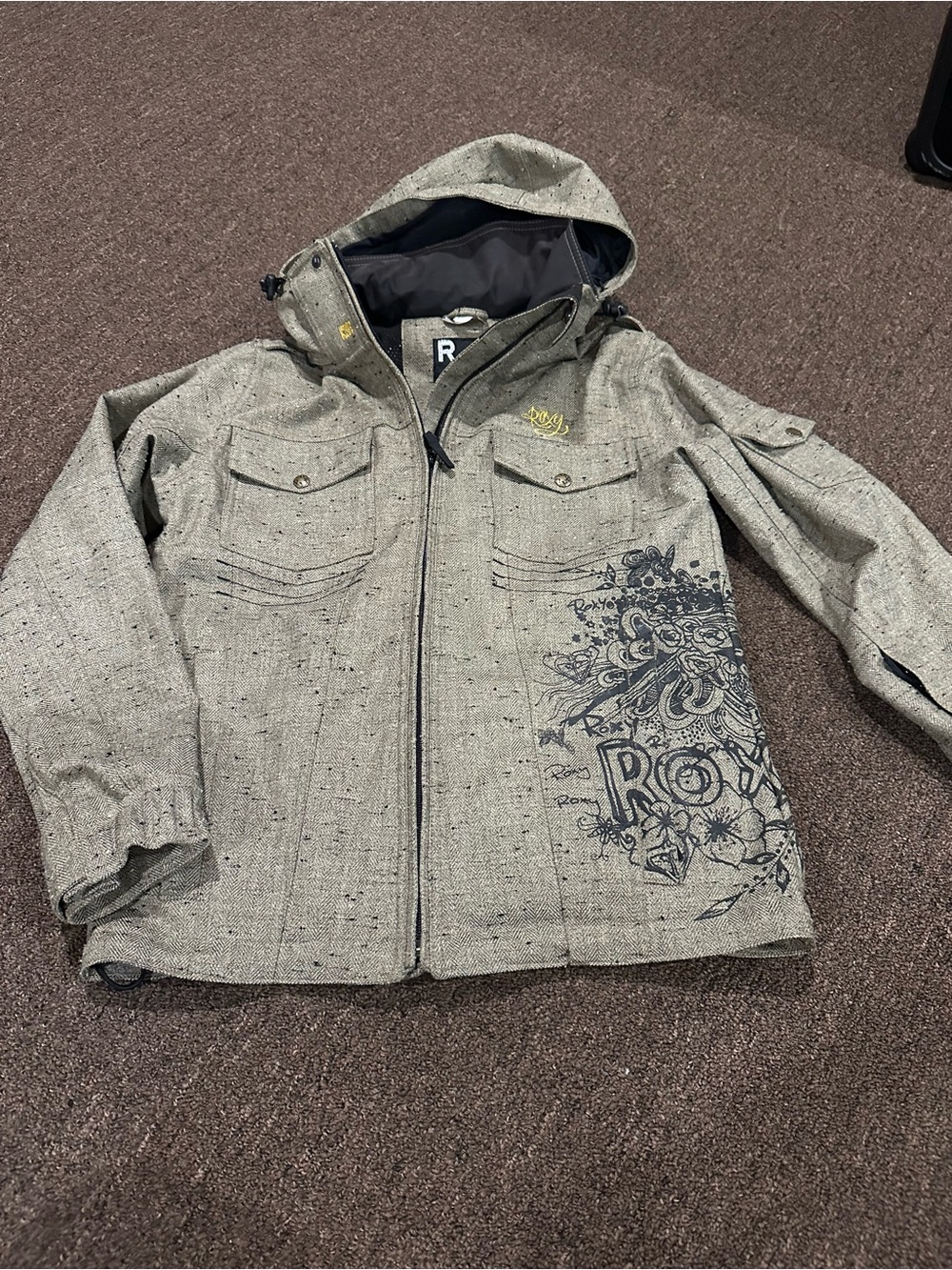 Roxy Kids Gray Hooded Puffer Jacket with Graphic Print